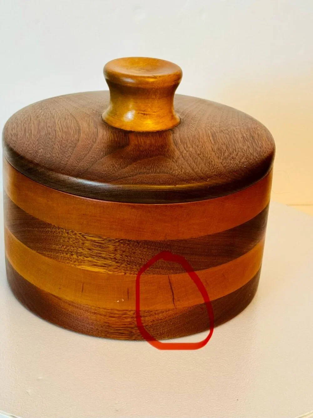 Handmade Turned Wood Round Box 7x7 Trinket Box with Lid 4 Layer Cabin READ